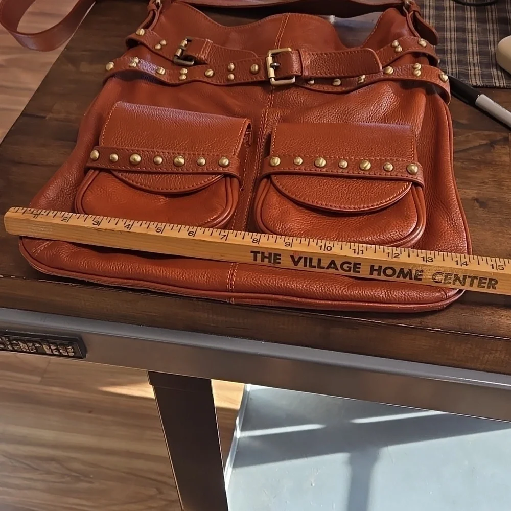 Leather Bucket Hobo Crossbody Chocolat Blu Brand Pebble Leather Gold Stud Detail